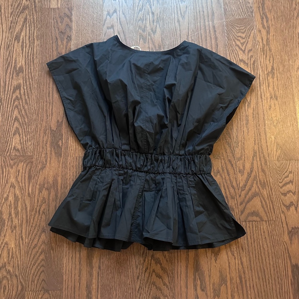 Rebecca Taylor Black Smocked Front Blouse Cotton Poplin Peplum Top XL 622100B033